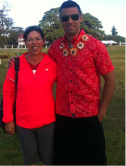 Debra Allen and Pita Taufatofua, the Tongan Olympic flag bearer 